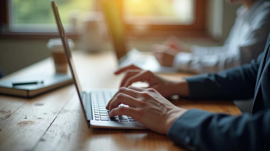 Hands typing on keyboard with email template visible on screen