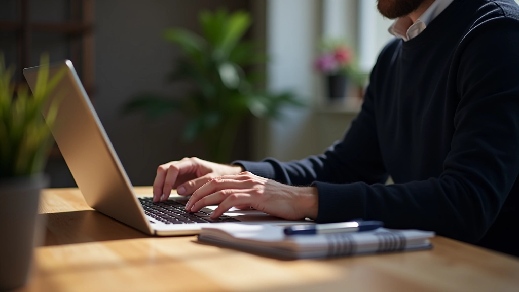 Laptop displaying email draft with cursor ready to type, workspace with notebook and coffee cup visible