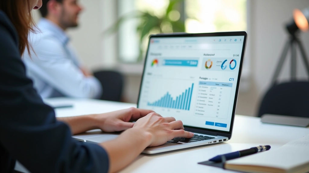 Person at desk reviewing prospect list with analytics dashboard visible, professional workspace with notebook and pen