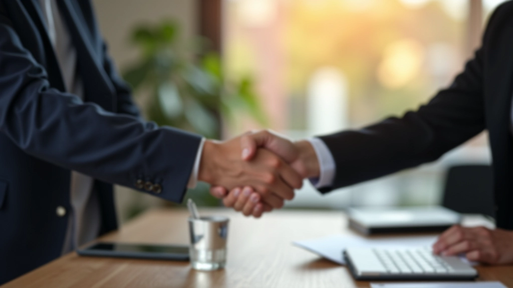 Two professionals shaking hands across table with partnership agreement documents and coffee
