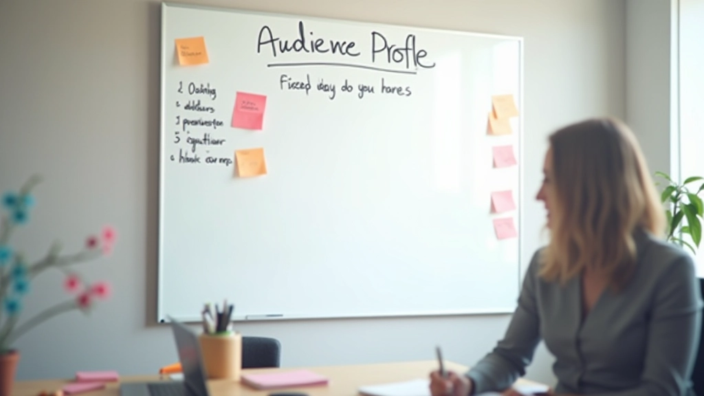 Whiteboard with target audience profile sketched out, sticky notes and markers, collaborative workspace setup